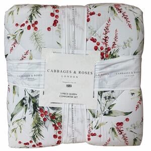 3pc Cabbages & Roses Christmas Foliage Fir Ruby QUEEN Comforter Set NEW